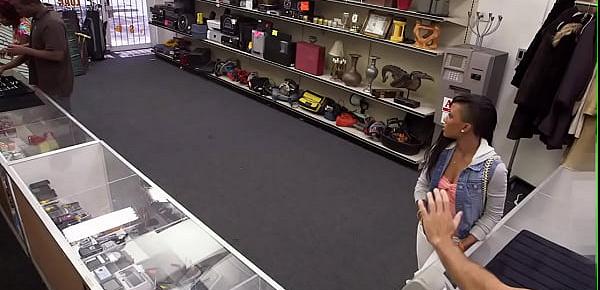  Ebony pawnshop babe sucking pov cock before bent over desk